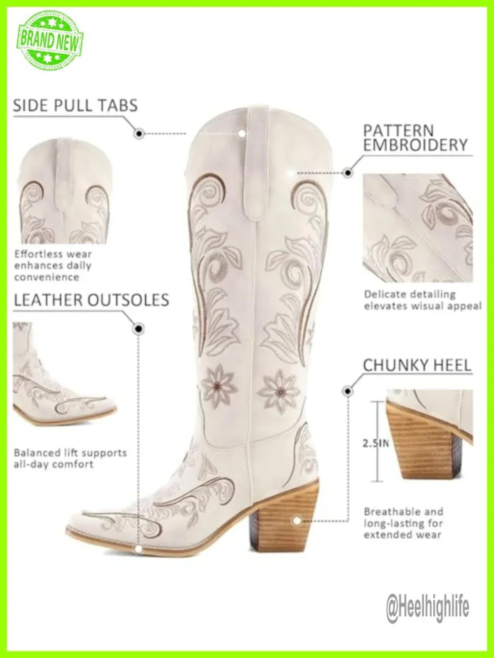 White Cowboy Boots Knee High, Floral Embroidered Western Boots with Pointed Toe